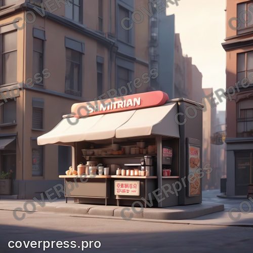 В стиле 3D-Мультфильм: узкий, тёмный, ещё закрытый кофе-ларёк с откидной витриной в стиле стрит-фуд