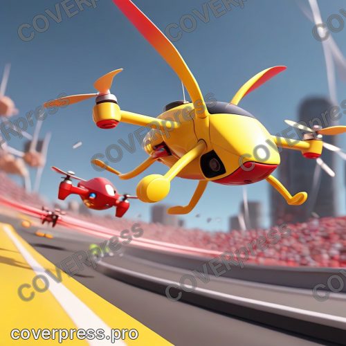 В стиле 3D-Мультфильм: желтый дрон, чуть отставший на протяжении всей гонки, делает резкий рывок, обгоняя