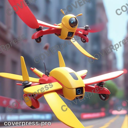 В стиле 3D-Мультфильм: желтый дрон, чуть отставший на протяжении всей гонки, делает резкий рывок, обгоняя