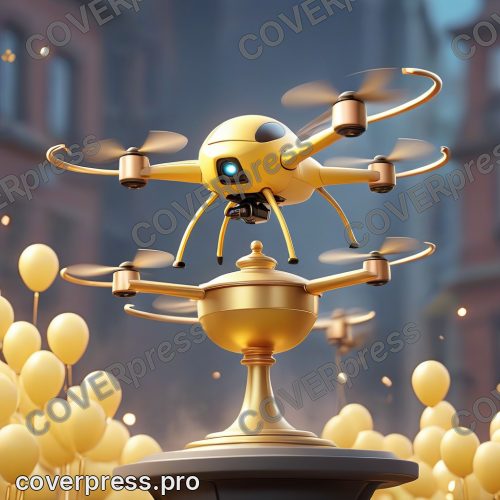 В стиле 3D-Мультфильм: желтый дрон-победитель парит над пьедесталом, на котором стоит сияющий золотой кубок
