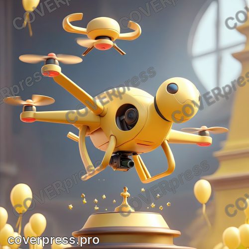 В стиле 3D-Мультфильм: желтый дрон-победитель парит над пьедесталом, на котором стоит сияющий золотой кубок