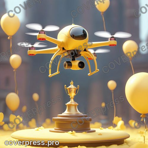 В стиле 3D-Мультфильм: желтый дрон-победитель парит над пьедесталом, на котором стоит сияющий золотой кубок