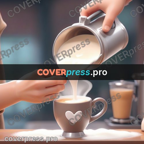 3d character illustration: milk poured into a coffee cup