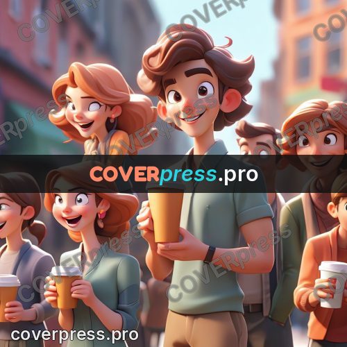3d character illustration: queue at a coffee kiosk