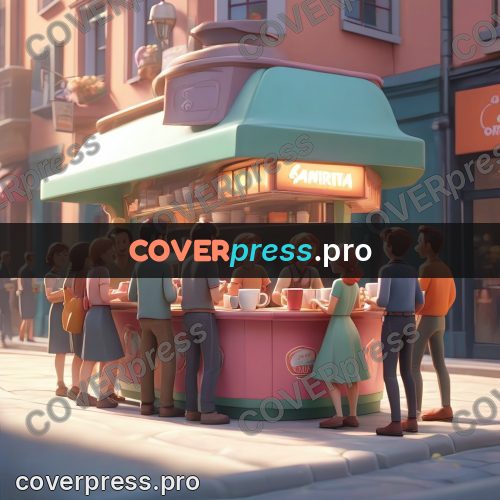 3d character illustration: queue at a coffee kiosk