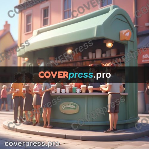 3d character illustration: queue at a coffee kiosk