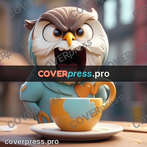 3d character illustration: owl with a cup of coffee