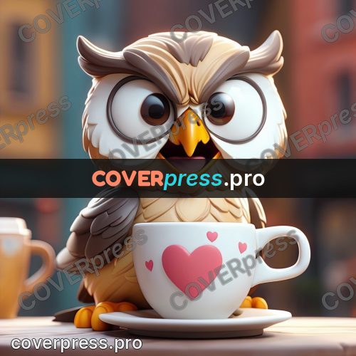 3d character illustration: owl with a cup of coffee