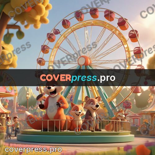 3d character illustration: foxes by a ferris wheel