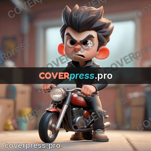 3d character illustration: young man on a red motorcycle
