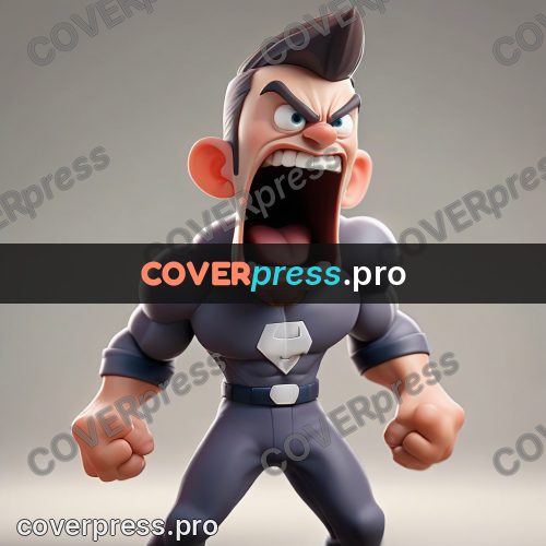 3d character illustration: muscular man shouting with fists