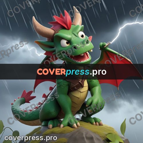 3d character illustration: green dragon with red wings