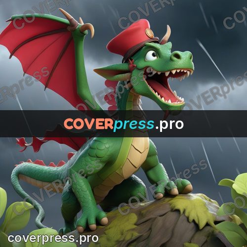 3d character illustration: green dragon with red wings