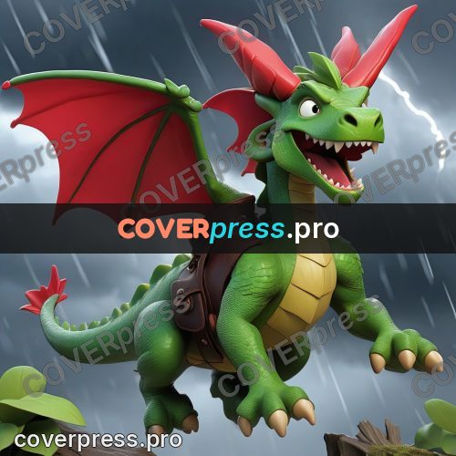 3d character illustration: green dragon with red wings