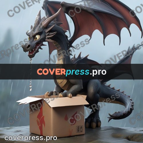 3d character illustration: dark dragon with a box