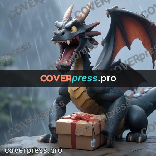 3d character illustration: dark dragon with a box