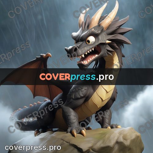 3d character illustration: dark dragon with a box