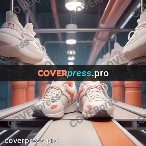 3d character illustration: sneakers on a conveyor belt