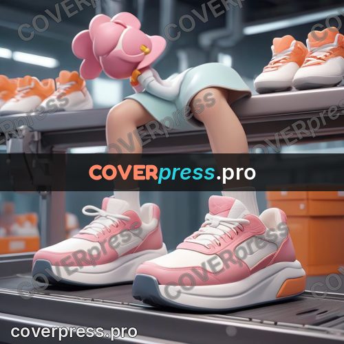 3d character illustration: sneakers on a conveyor belt