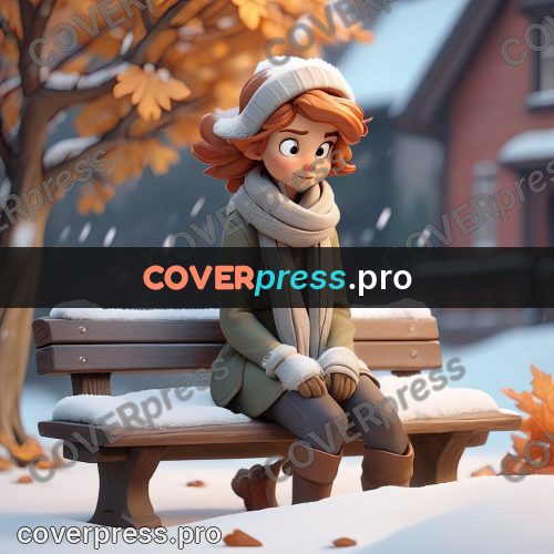3d character illustration: girl on a snowy bench