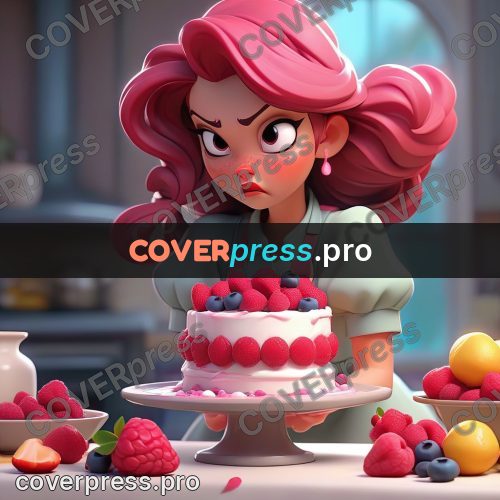 3d character illustration: girl decorating a cake with berries