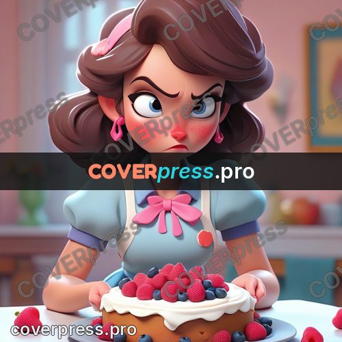 3d character illustration: girl decorating a cake with berries