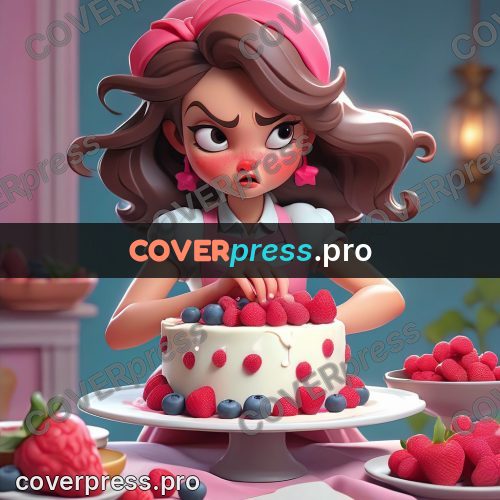 3d character illustration: girl decorating a cake with berries