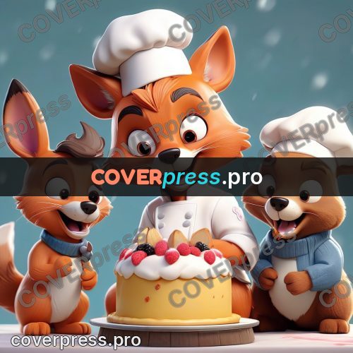 3d character illustration: animal chefs at a cake