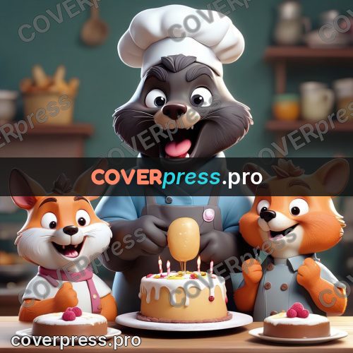 3d character illustration: animal chefs at a cake