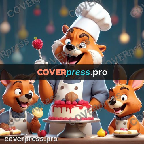 3d character illustration: animal chefs at a cake