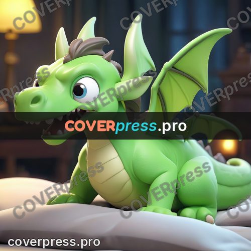 3d character illustration: green dragon on a bed