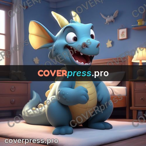 3d character illustration: blue dragon in a room