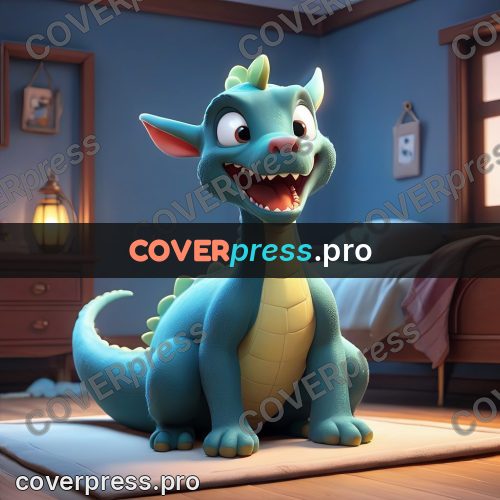 3d character illustration: blue dragon in a room