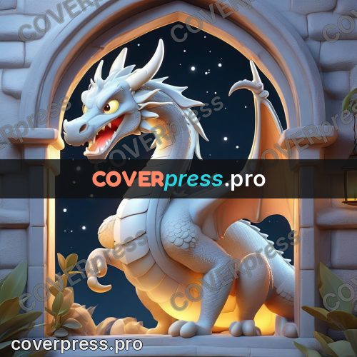 3d character illustration: white dragon by an arch