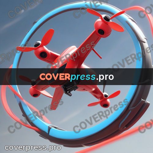 3d character illustration: red drone with spinning rotors