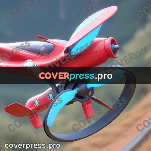 3d character illustration: red drone with spinning rotors