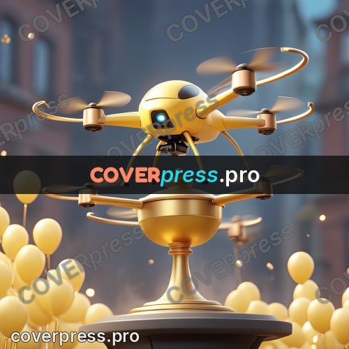 3d character illustration: gold drone above a trophy