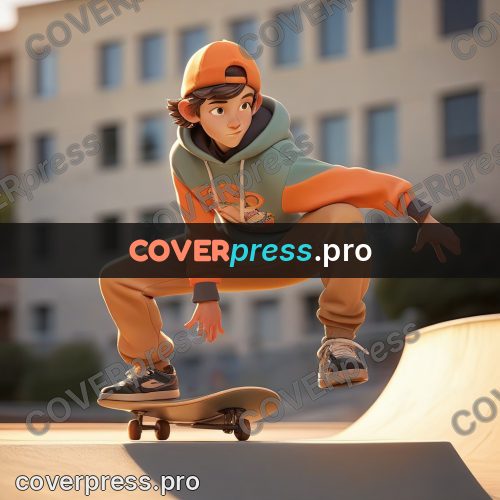 3d character illustration: skater in an orange hoodie