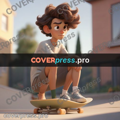 3d character illustration: skater crouching by a board