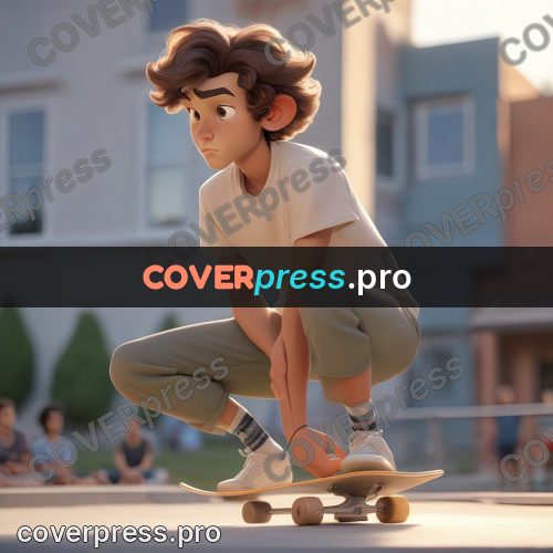 3d character illustration: skater crouching by a board