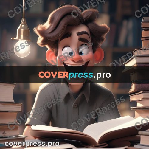 3d character illustration: boy at books under a lamp