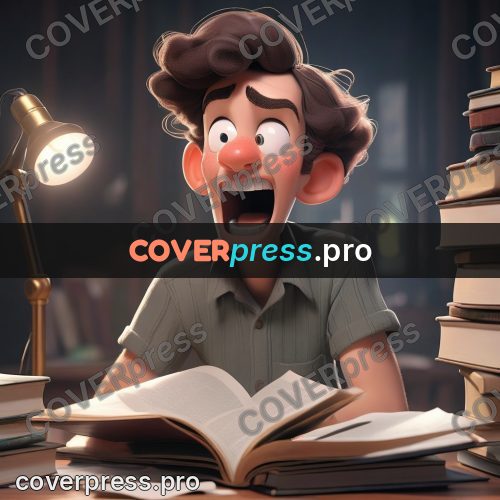 3d character illustration: boy at books under a lamp