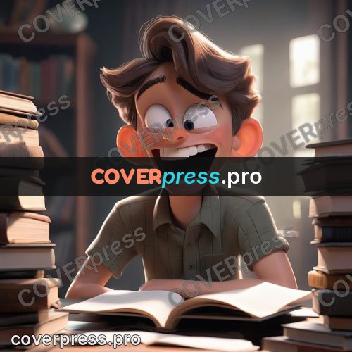3d character illustration: boy at books under a lamp