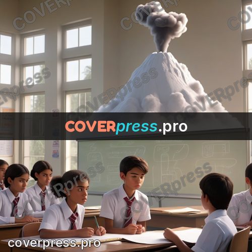 3d character illustration: classroom with a volcano on screen