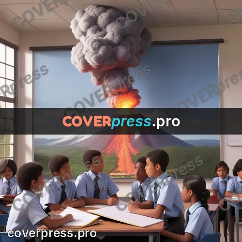 3d character illustration: classroom with a volcano on screen