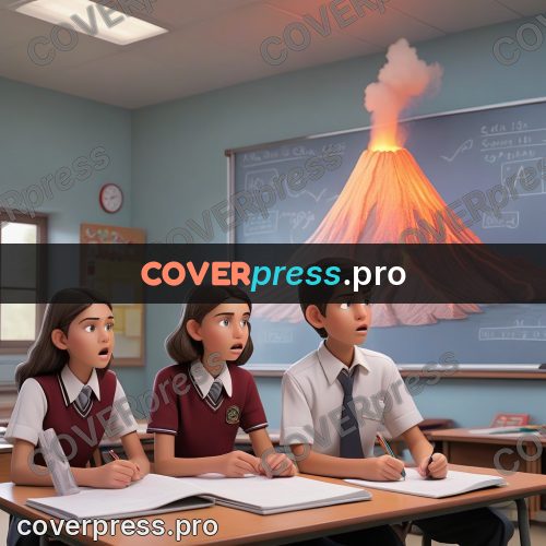 3d character illustration: classroom with a volcano on screen