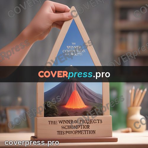 3d character illustration: volcano model on a stand