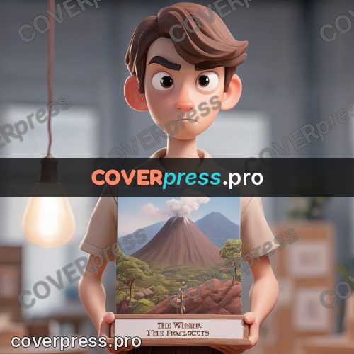 3d character illustration: volcano model on a stand
