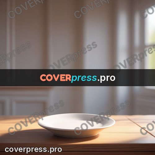 3d character illustration: white plate on a wooden table
