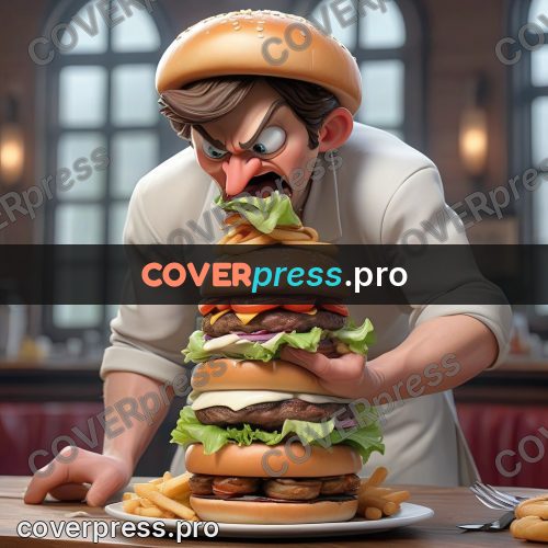 3d character illustration: tower of burgers on a table